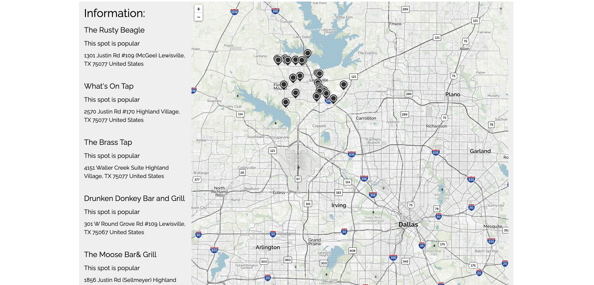 Screenshot of map with destination and descriptions beside
