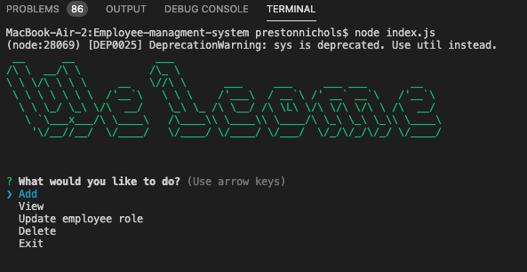 Screenshot of CLI terminal with ascii art that says 'welcome' and a selection menu